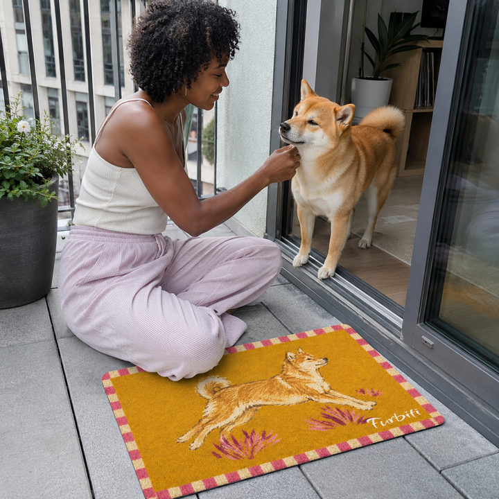 Custom orange pet doormat displayed at doorway with owner