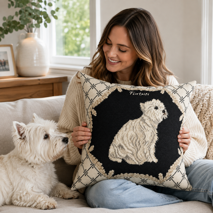 Custom ornate pet pillow displayed with woman and dog