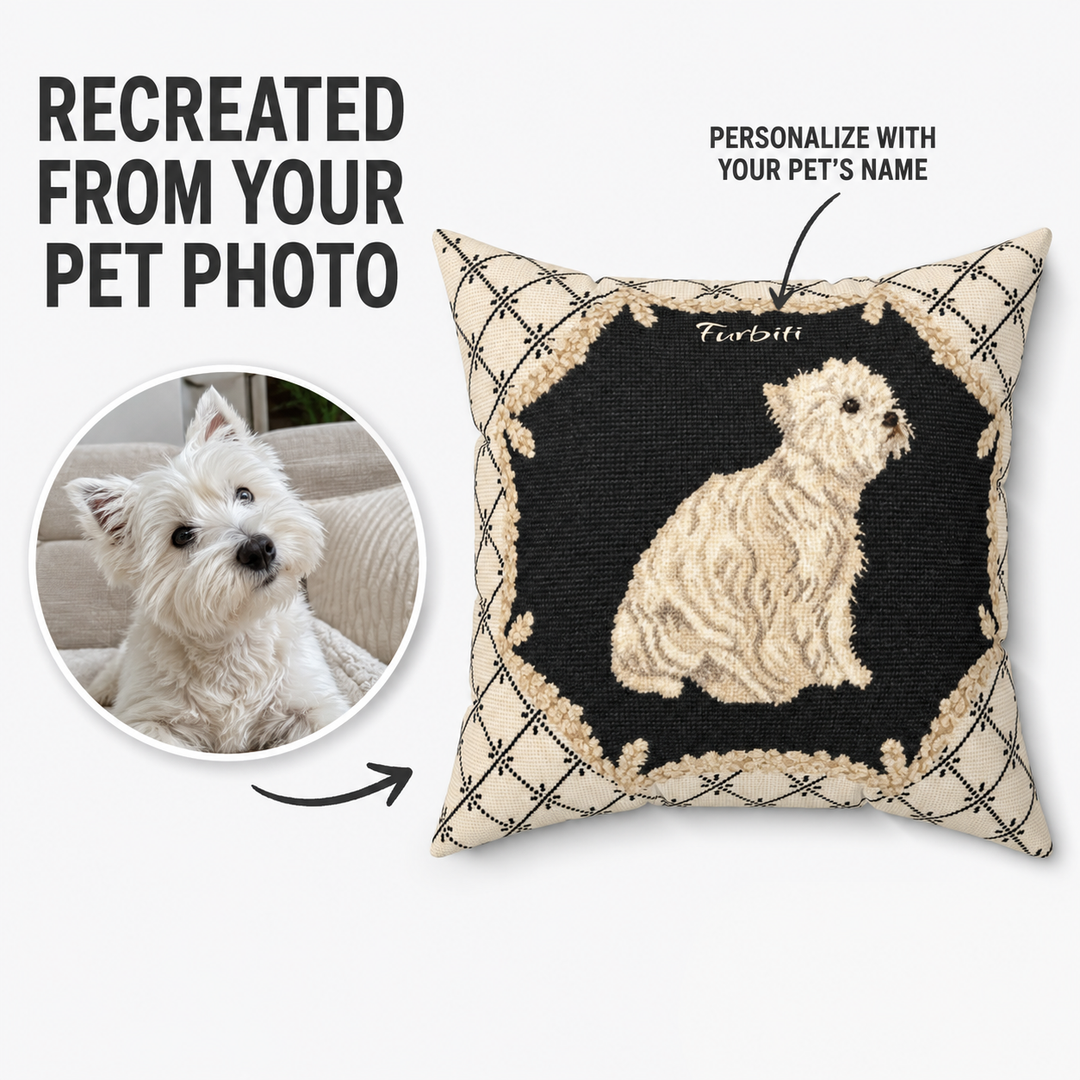 Custom ornate sketch pet pillow from dog photo with name