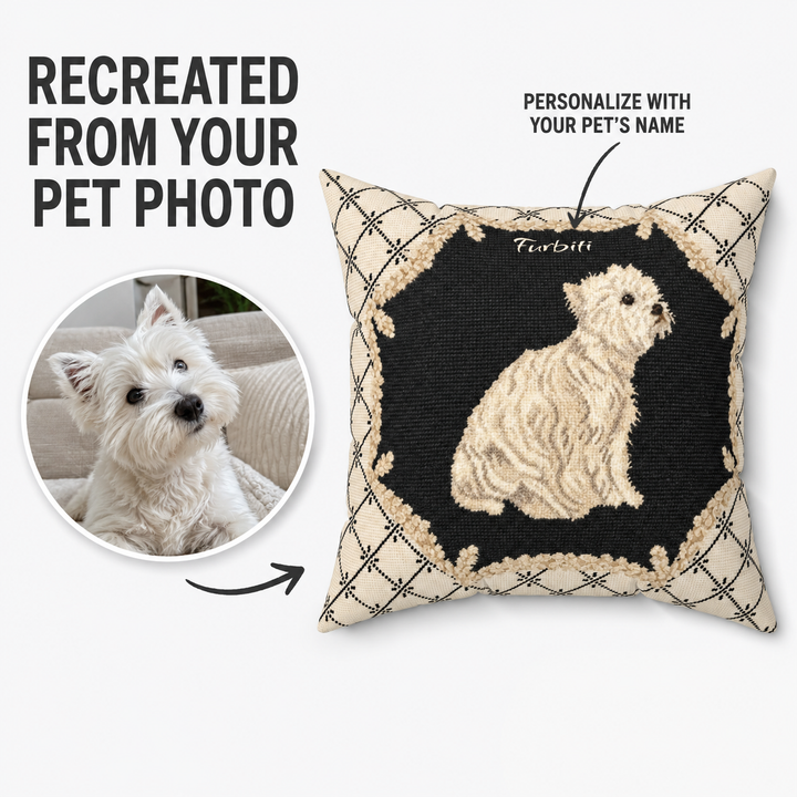 Custom ornate sketch pet pillow from dog photo with name