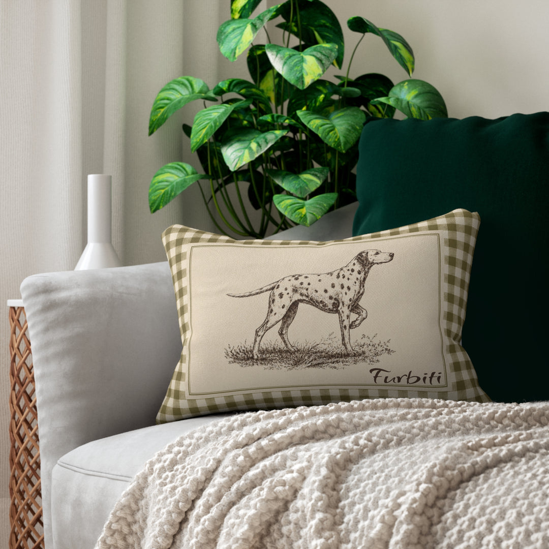 Custom pet lumbar pillow displayed on sofa with green decor