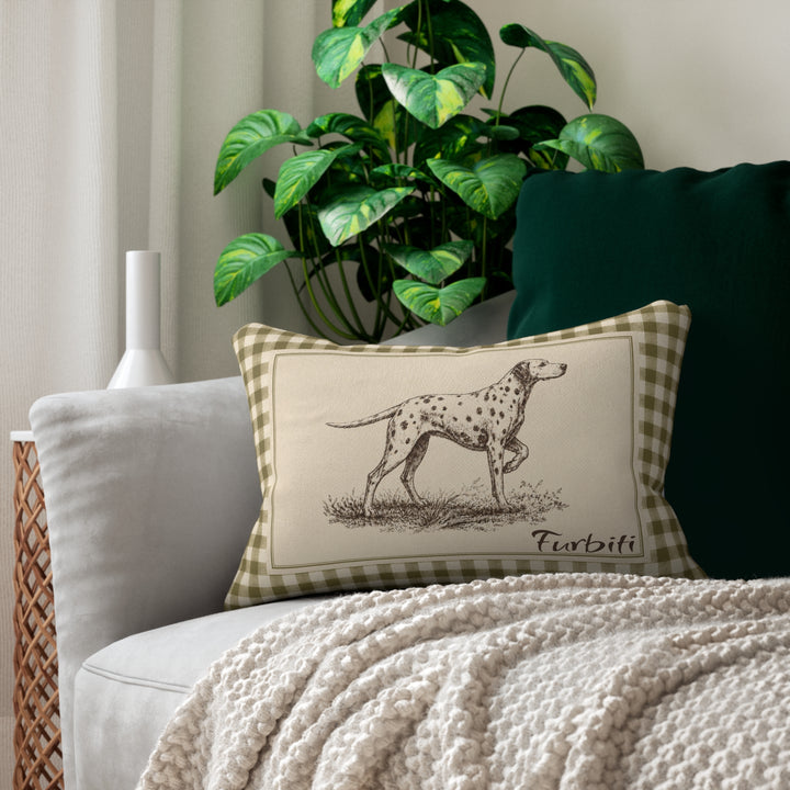 Custom pet lumbar pillow displayed on sofa with green decor