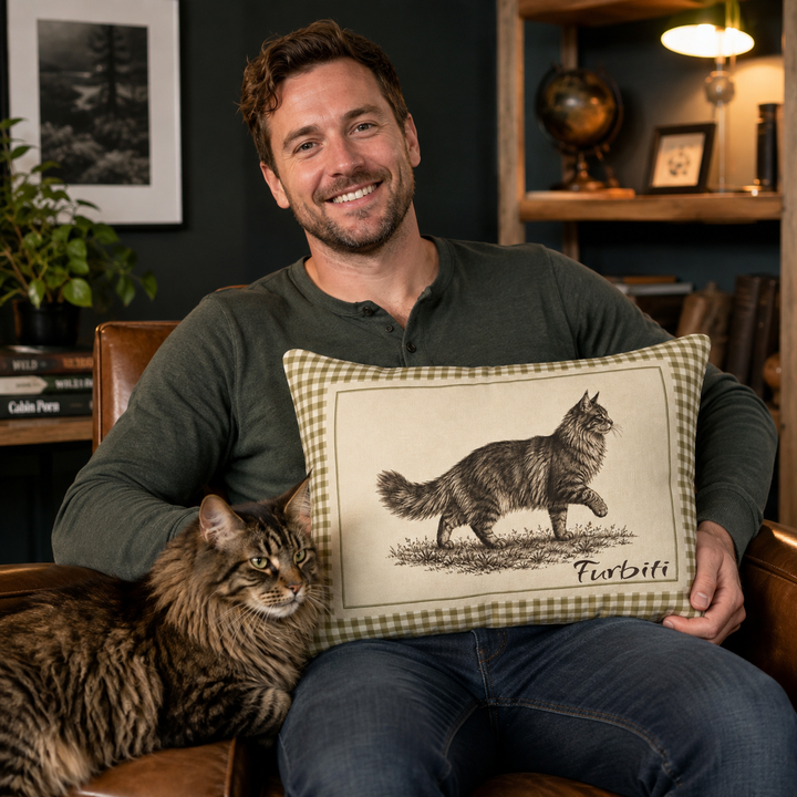 Custom pet lumbar pillow shown with man and cat