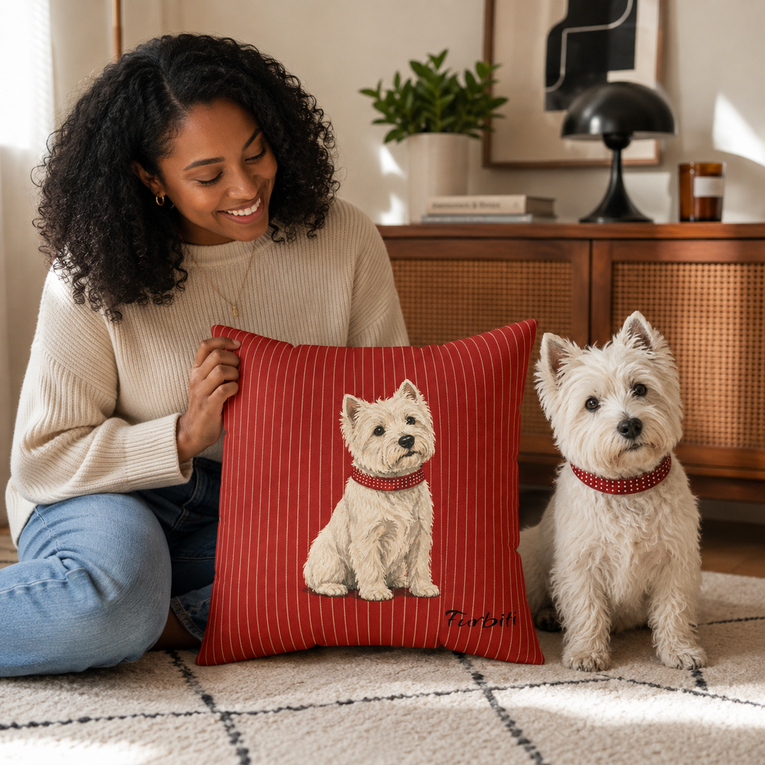 Custom red pet portrait pillow displayed with woman and dog