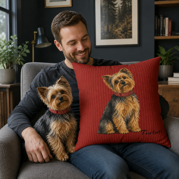 Custom red stripe pet pillow shown with man and dogs