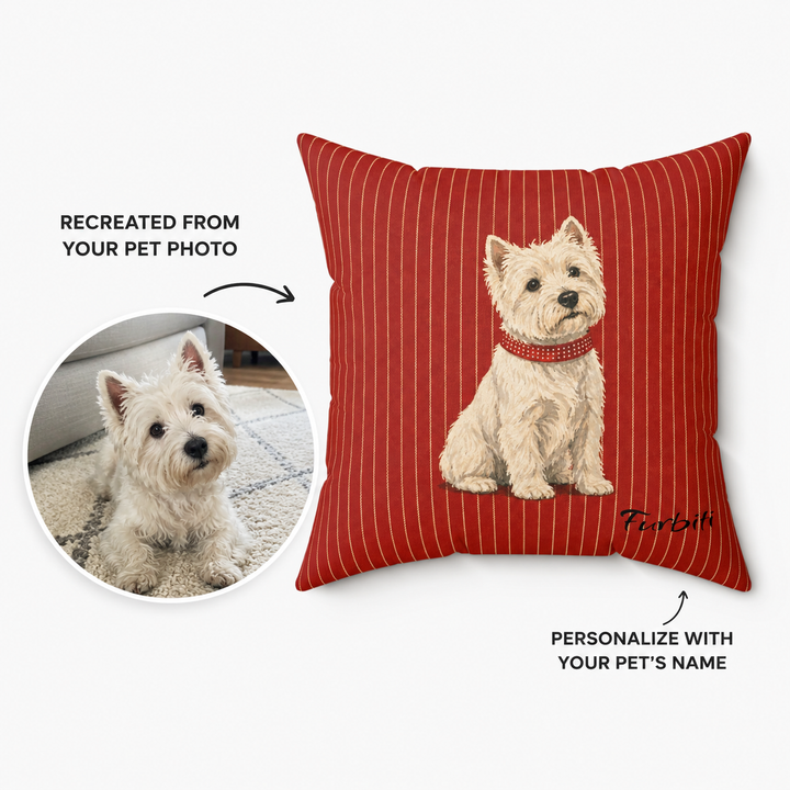 Custom red stripe pet portrait pillow from dog photo with name