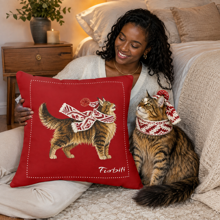 Custom scarlet dog pillow held by woman with pet