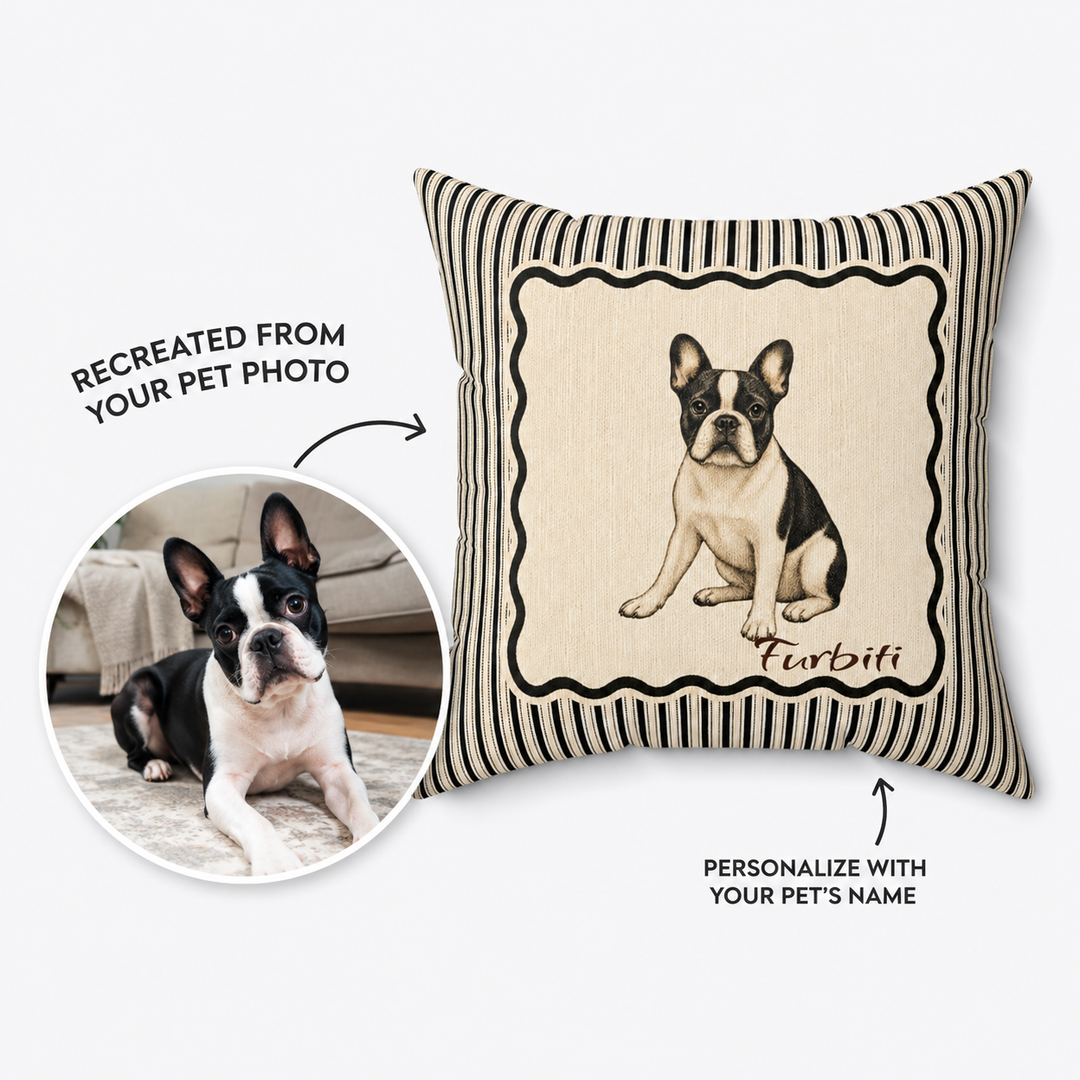 Custom striped frame pet sketch pillow from dog photo with name