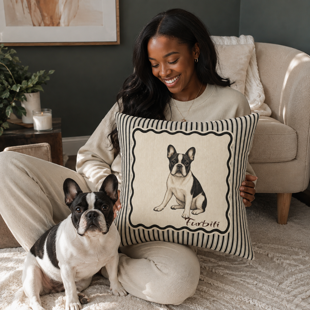 Custom striped pet pillow held by woman with dog