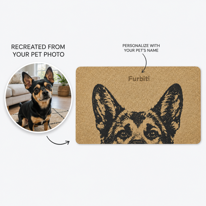 Custom tan line art pet doormat recreated from a dog photo with personalized name