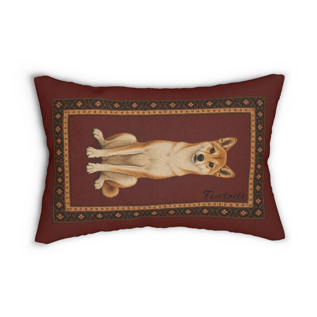 Custom vintage burgundy dog lumbar pillow close up product view