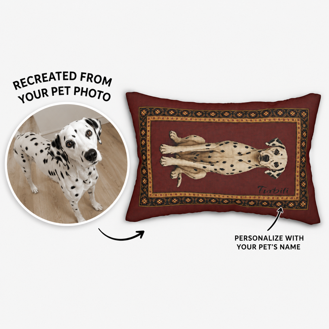 Custom vintage burgundy pet lumbar pillow from dog photo with personalized name