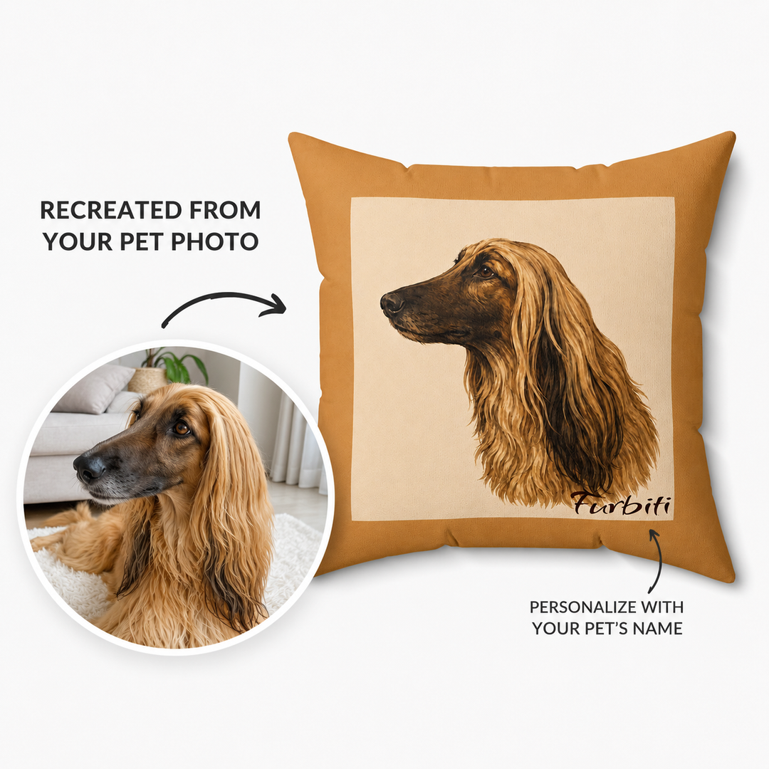 Custom warm neutral pet portrait pillow from photo with pet name