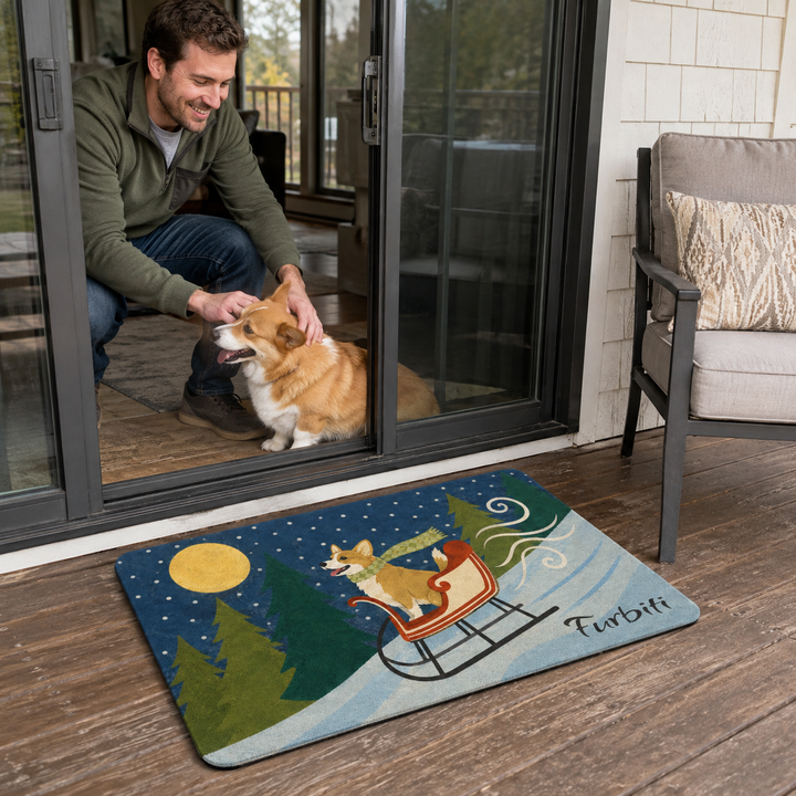 Custom winter pet doormat shown in a home entryway