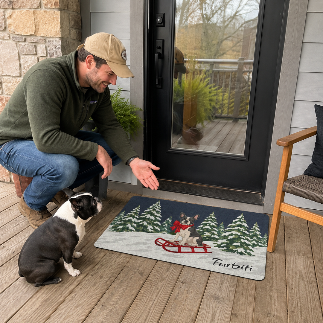 Custom winter pet doormat shown with owner and dog