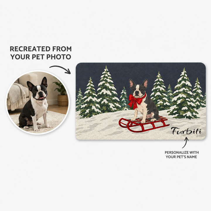 Custom winter sled pet doormat from pet photo with name