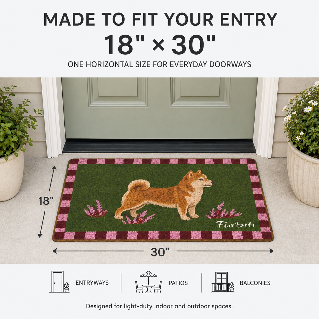 Eighteen by thirty inch custom Shiba Inu doormat size guide