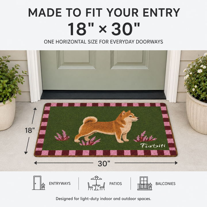 Eighteen by thirty inch custom Shiba Inu doormat size guide