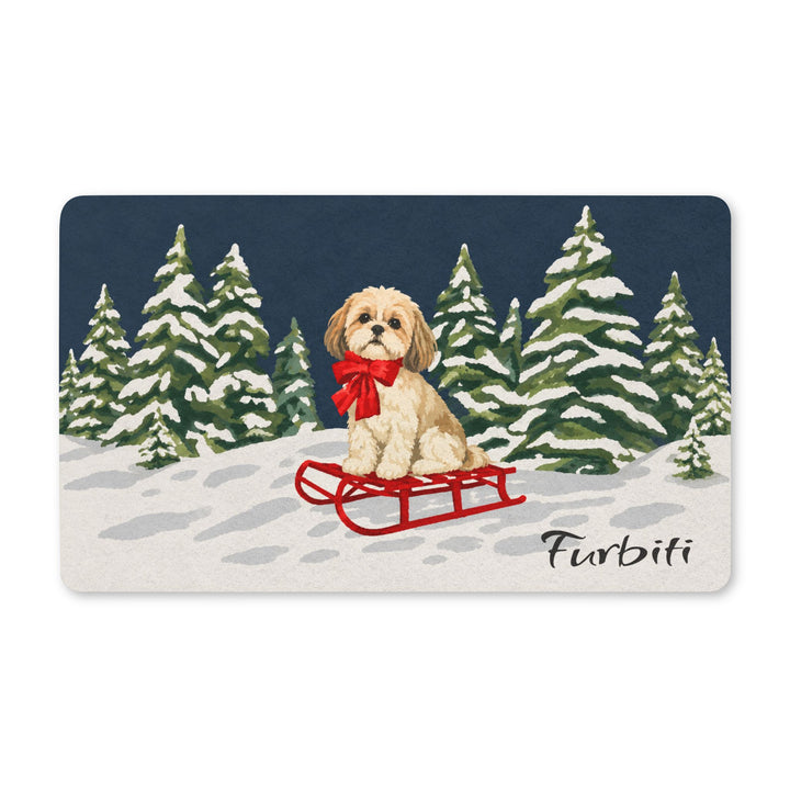 Flat view of winter sled pet doormat with custom name