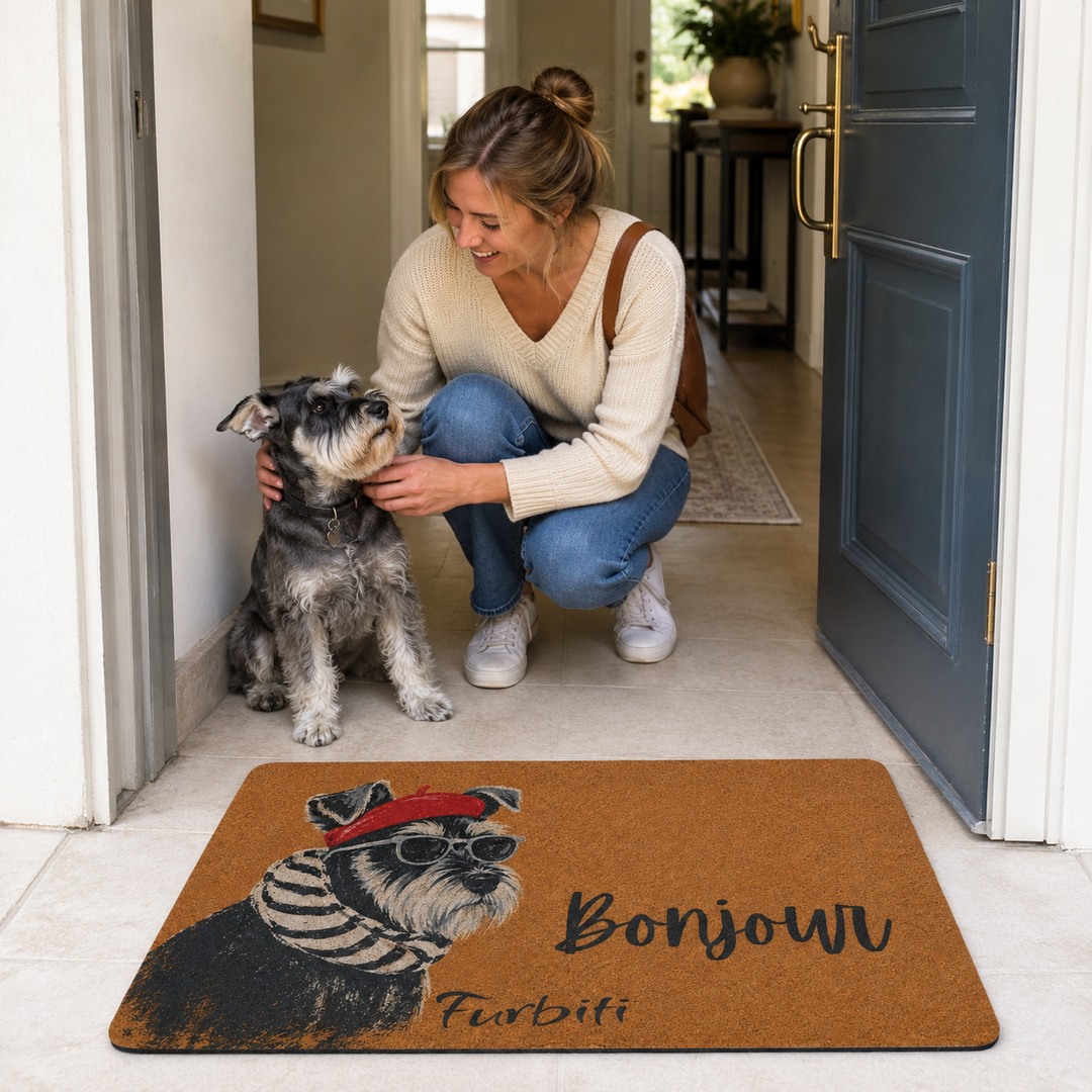 French style personalized pet mat by front door
