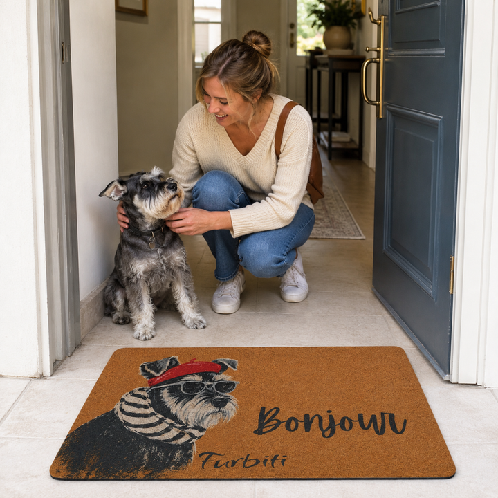 French style personalized pet mat by front door
