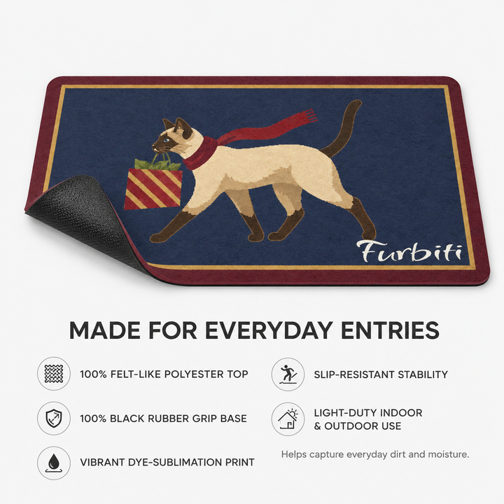 Navy cat doormat felt-like polyester top and rubber grip backing