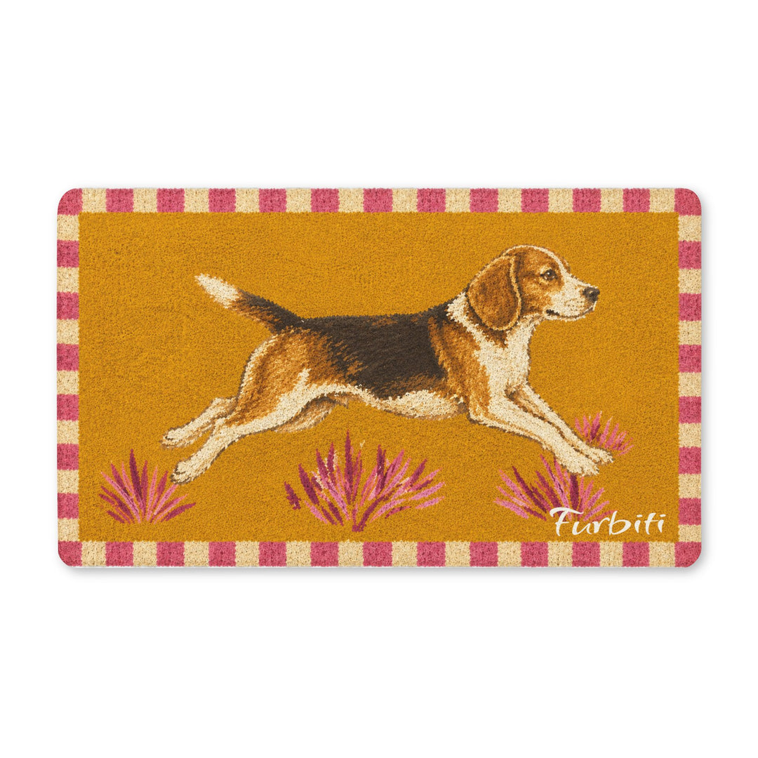 Orange running pet doormat close up with pink check border
