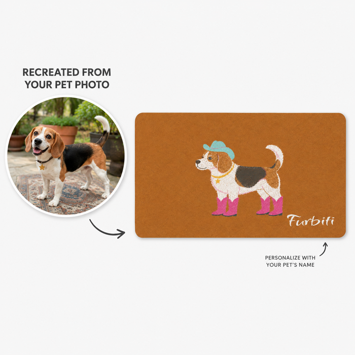 Personalized Beagle doormat with pink boots and custom pet name