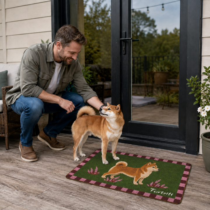 Personalized Shiba Inu doormat displayed at the doorway with pet owner