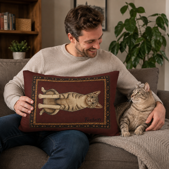 Personalized burgundy pet lumbar pillow held by man on sofa