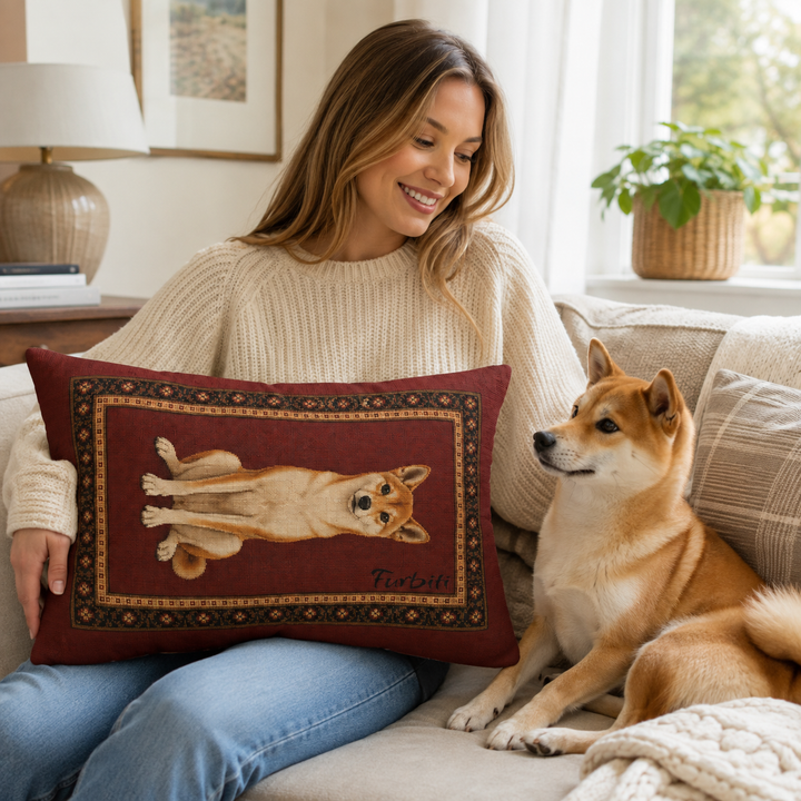 Personalized burgundy pet lumbar pillow held by woman in living room