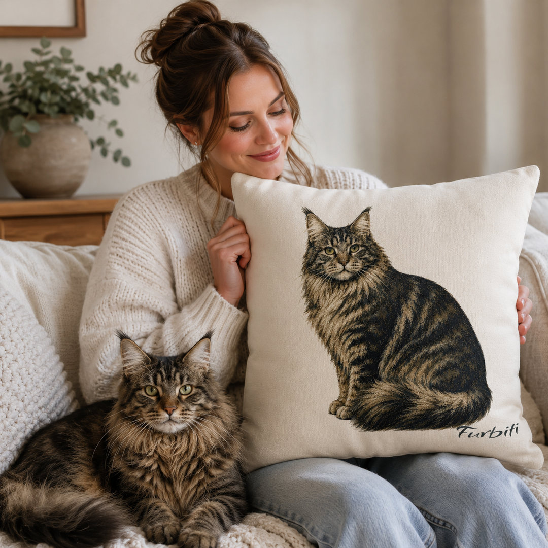 Personalized cream pet pillow held by woman with cat