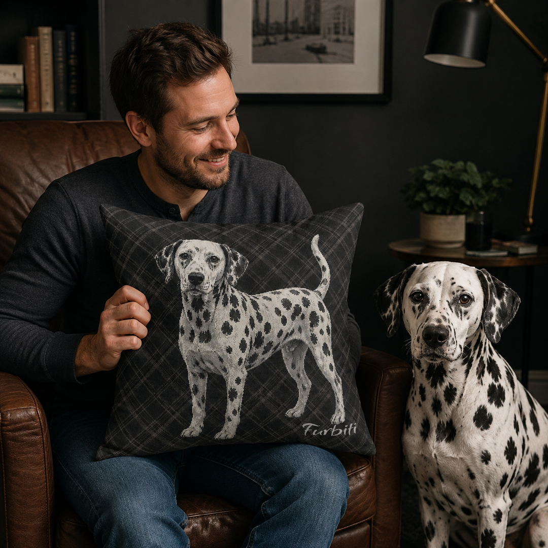 Personalized dalmatian charcoal pillow shown with man