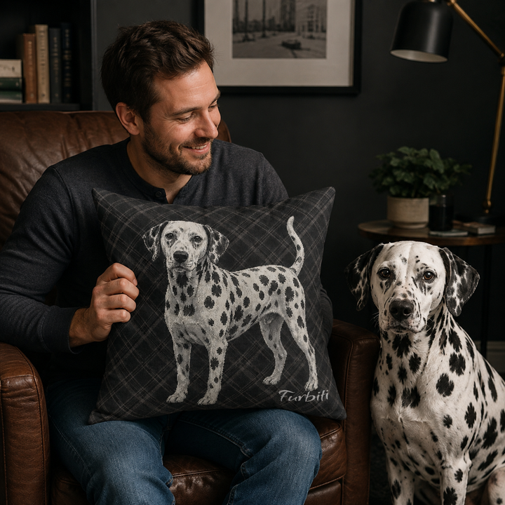 Personalized dalmatian charcoal pillow shown with man