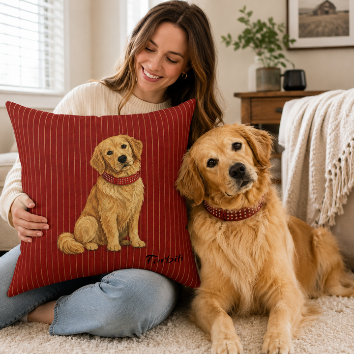 Personalized dog portrait pillow held by woman at home