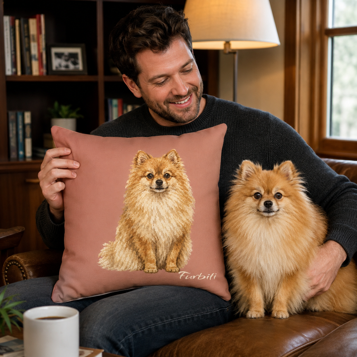 Personalized dusty rose pet pillow shown with man and dog