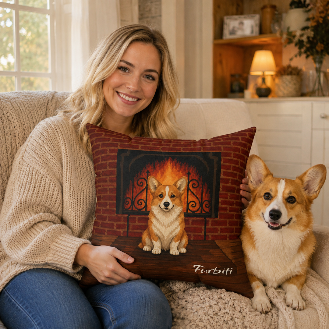 Personalized fireside pet pillow held by woman with dog