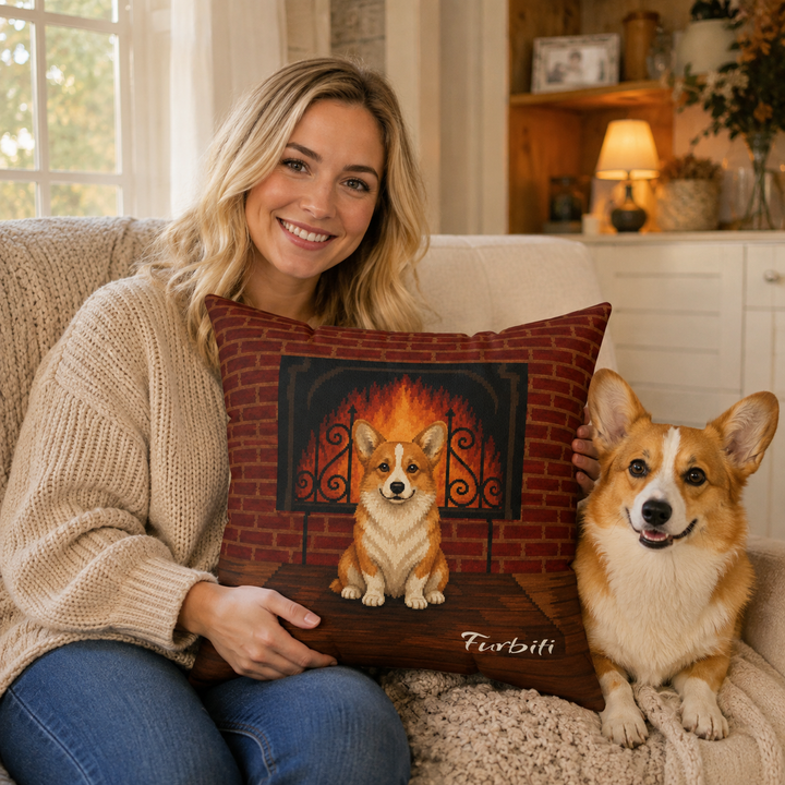 Personalized fireside pet pillow held by woman with dog
