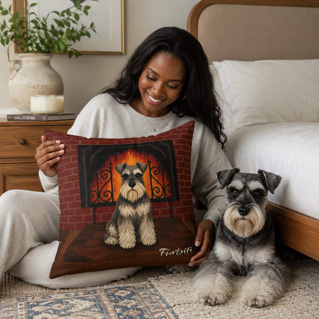 Personalized fireside pet pillow lifestyle image with woman