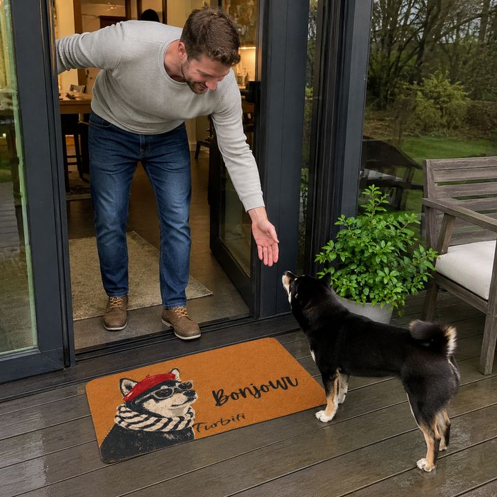 Personalized french pet welcome mat with owner and dog