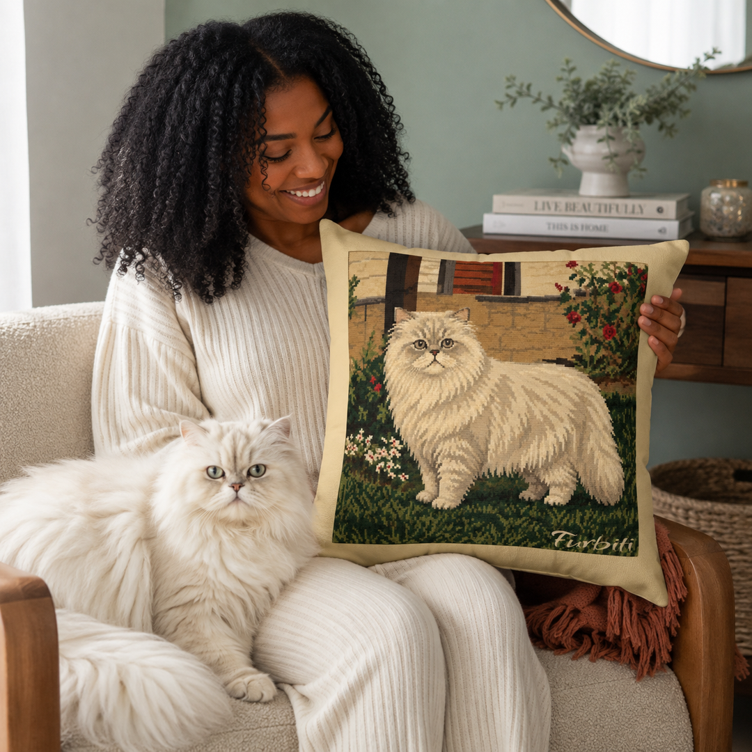 Personalized garden cat pillow shown with woman at home