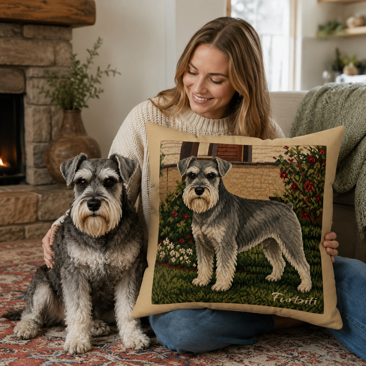 Personalized garden pet pillow held by woman with dogs