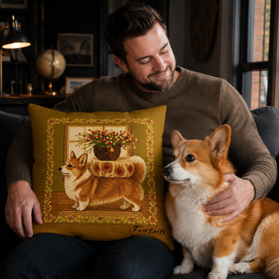 Personalized golden pet pillow shown with man and pets