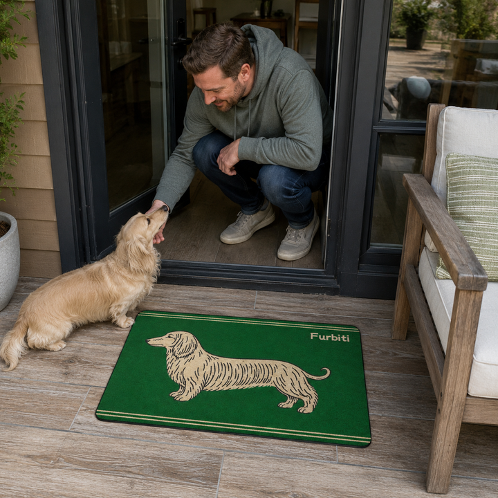 Personalized green dog sketch doormat placed by the front door