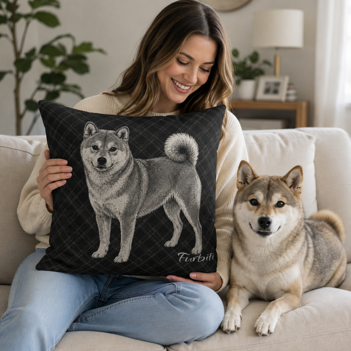 Personalized grey dog portrait pillow held by woman