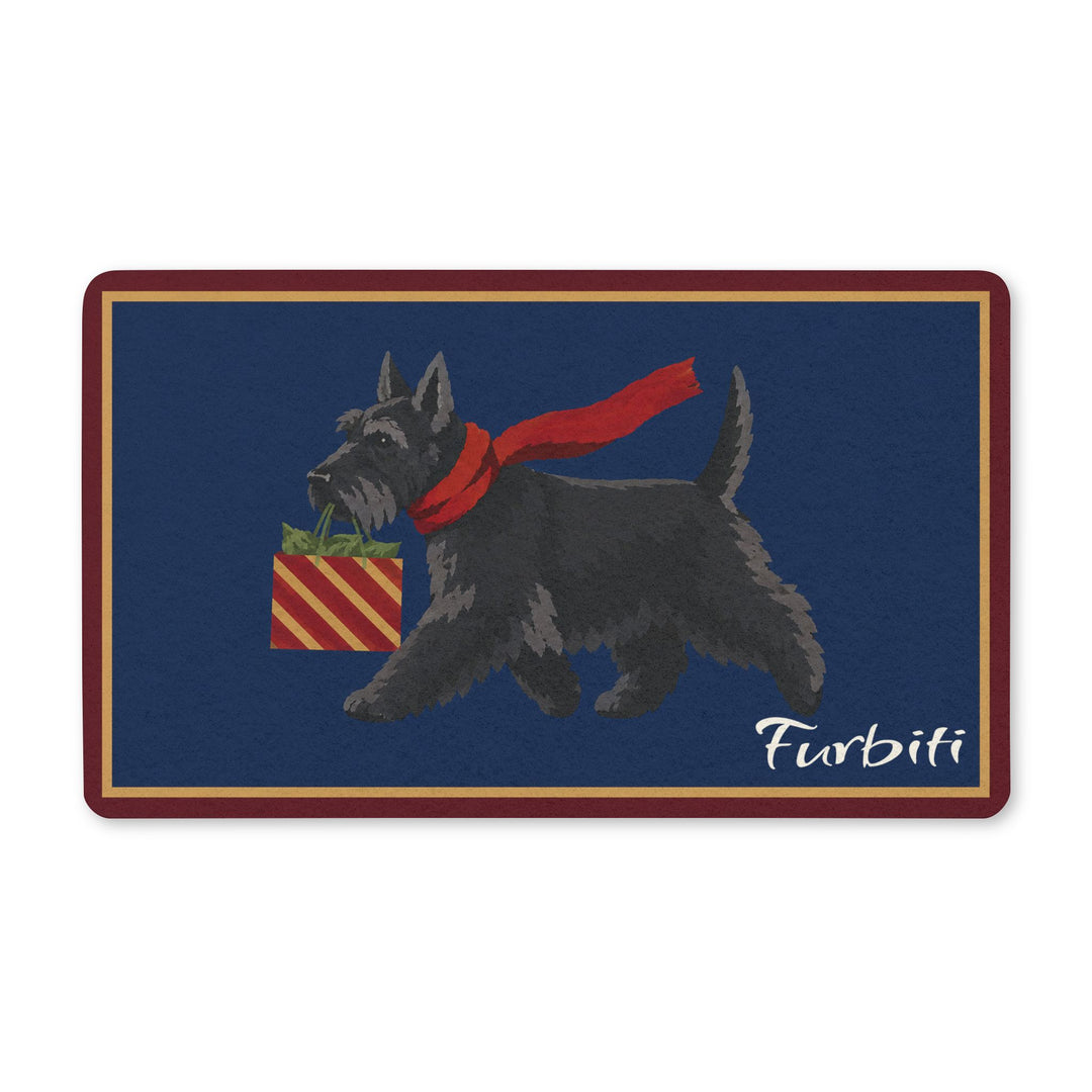 Personalized navy cat doormat close-up with striped yarn ball artwork