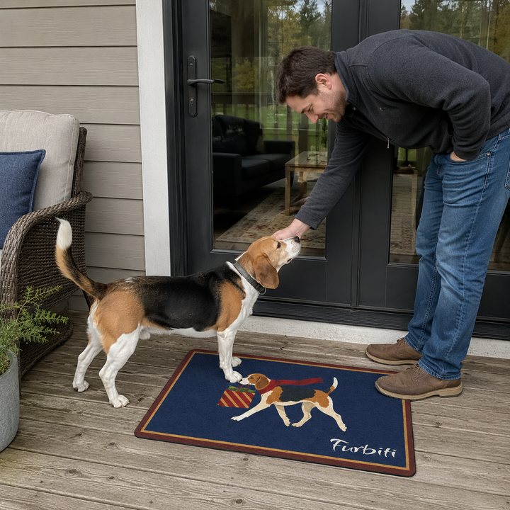 Personalized navy cat doormat in a home entryway with pet