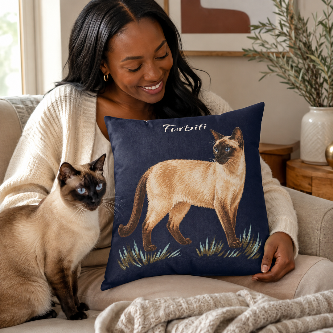 Personalized navy pet pillow held by woman with dog