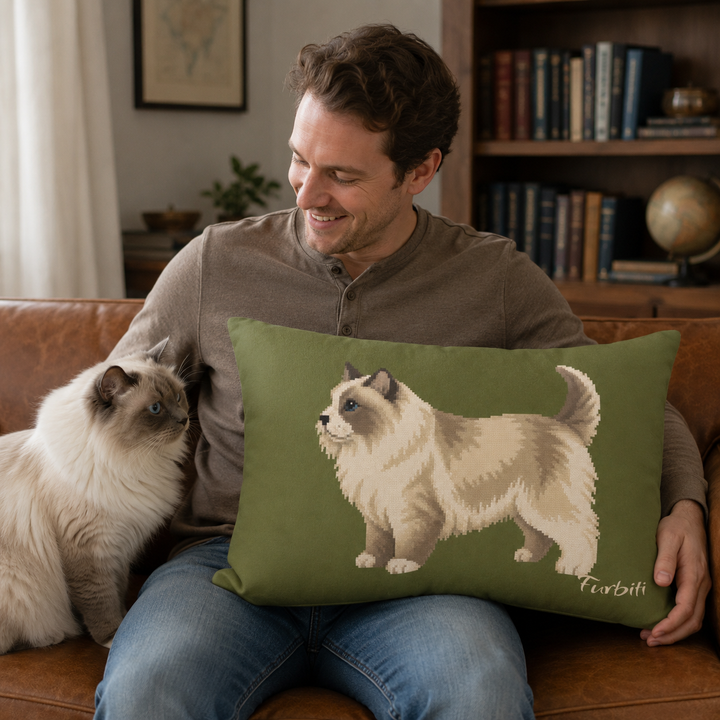 Personalized olive green pet lumbar pillow shown with man at home