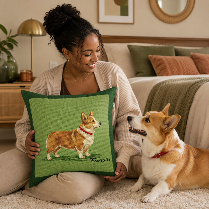 Personalized orange cat green meadow pillow held by woman
